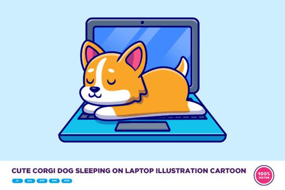 Cute Corgi Dog Sleeping on Laptop