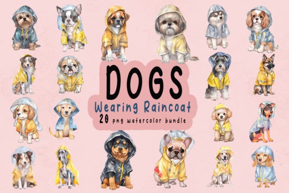 Cute Dog Wearing Raincoat Clipart Bundle