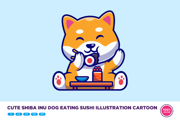 Cute Shiba Inu Dog Eating Sushi Cartoon