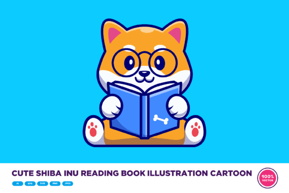 Cute Shiba Inu Dog Reading Book Cartoon
