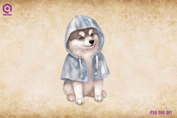 Siberian Husky Dog Wearing Raincoat