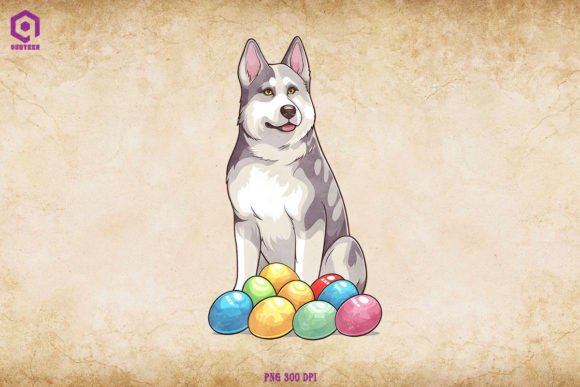 Siberian Husky Dog with Easter Eggs